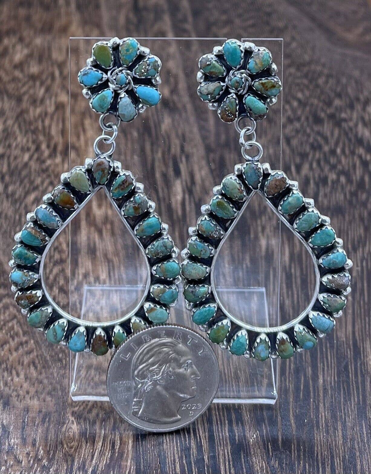 Authentic Navajo Handmade Sterling Silver Turquoise Cluster Post earrings Mathilda Benally