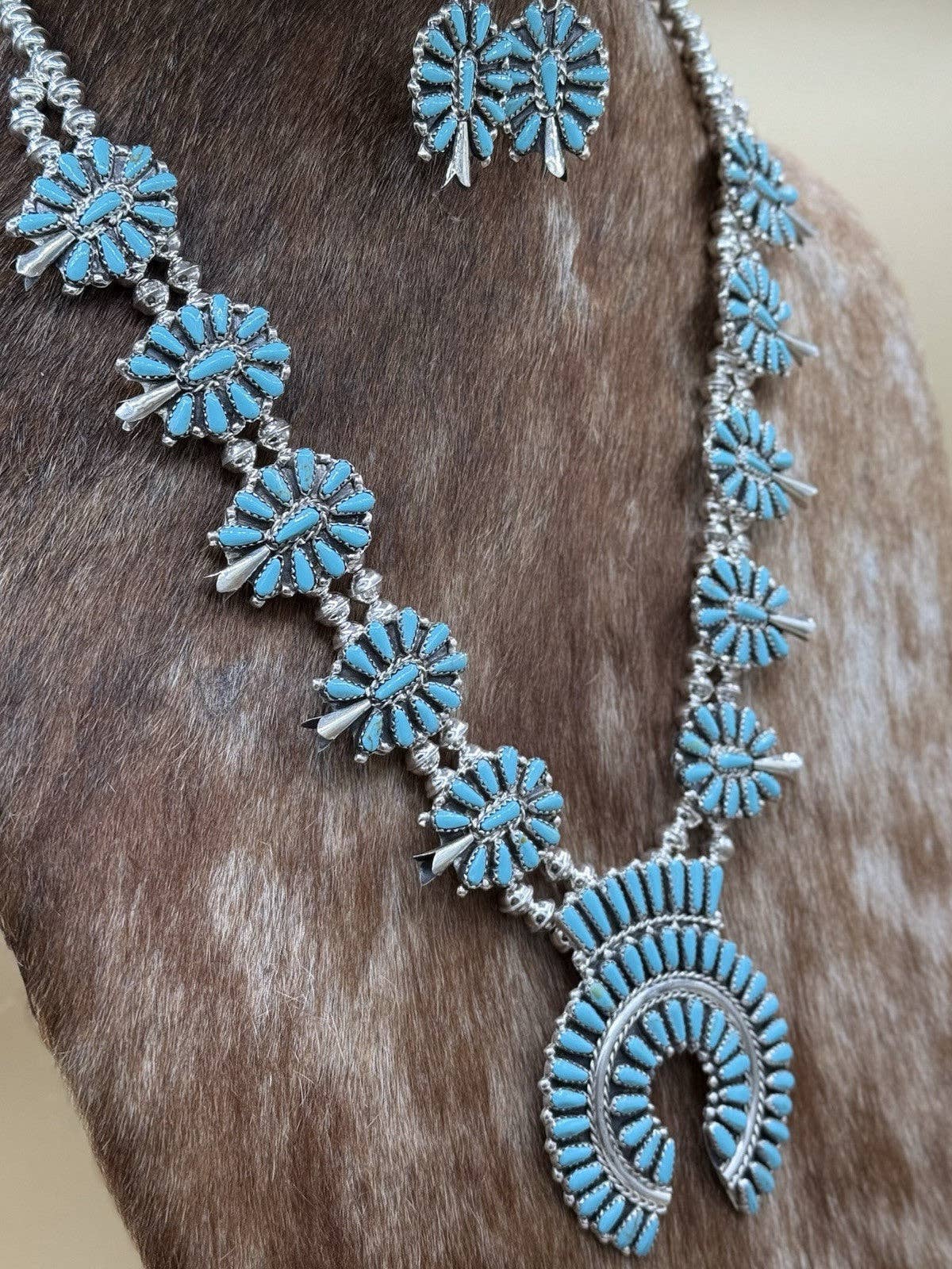 Authentic Native American Navajo Handmade Sterling Silver Turquoise Squash Blossom Necklace 22” Mathilda B