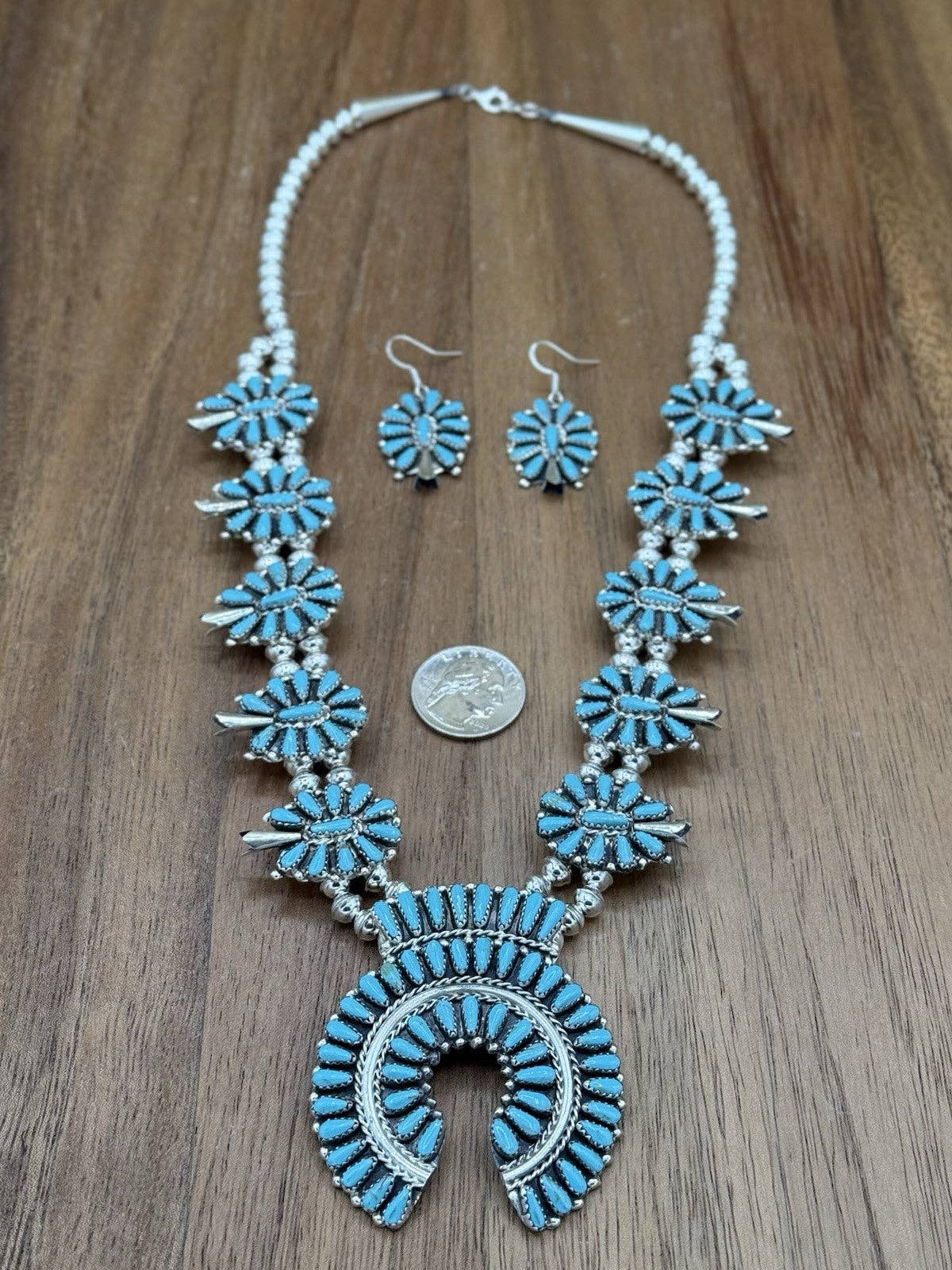 Authentic Native American Navajo Handmade Sterling Silver Turquoise Squash Blossom Necklace 22” Mathilda B
