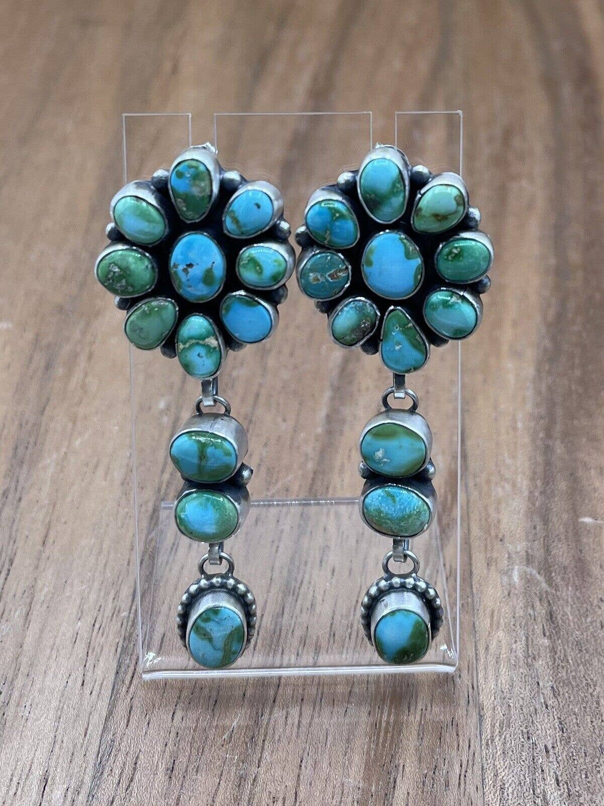 Authentic Native American Navajo Handmade Silver Sonoran Gold Turquoise Cluster Earrings