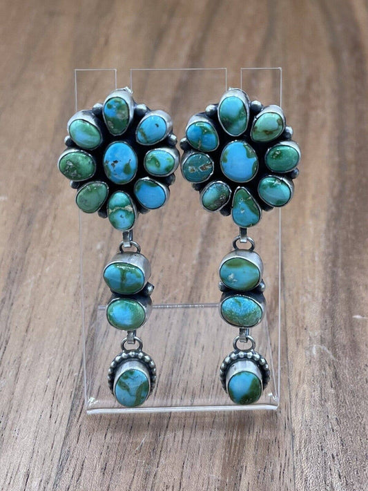 Authentic Native American Navajo Handmade Silver Sonoran Gold Turquoise Cluster Earrings