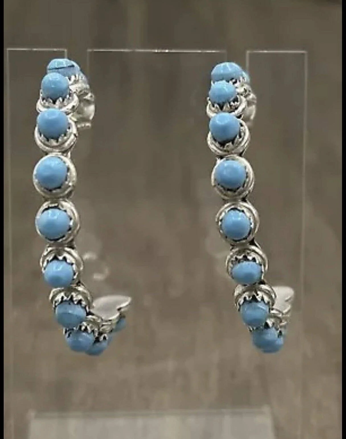 Authentic Native American Zuni Handmade Sterling Silver Turquoise Post Large Hoop Earrings