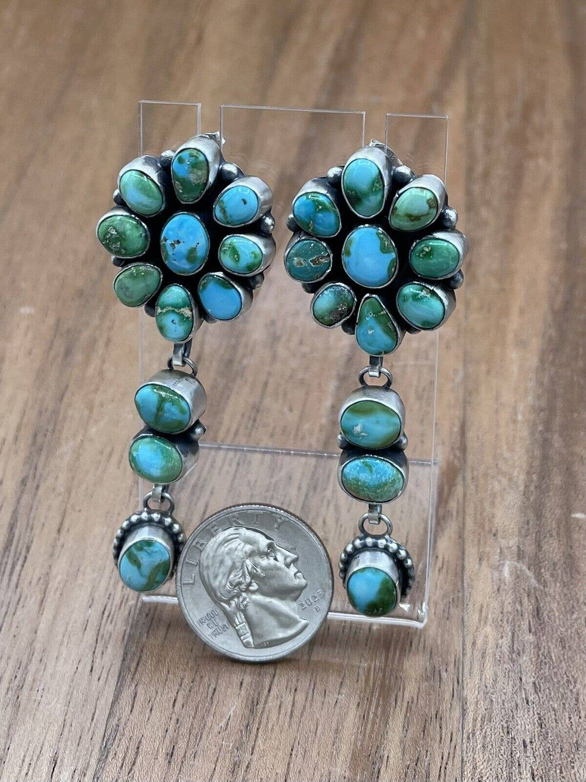 Authentic Native American Navajo Handmade Silver Sonoran Gold Turquoise Cluster Earrings