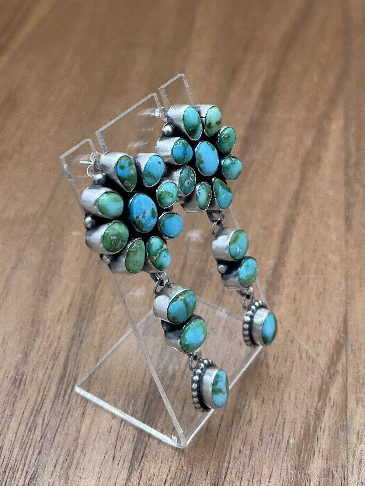 Authentic Native American Navajo Handmade Silver Sonoran Gold Turquoise Cluster Earrings