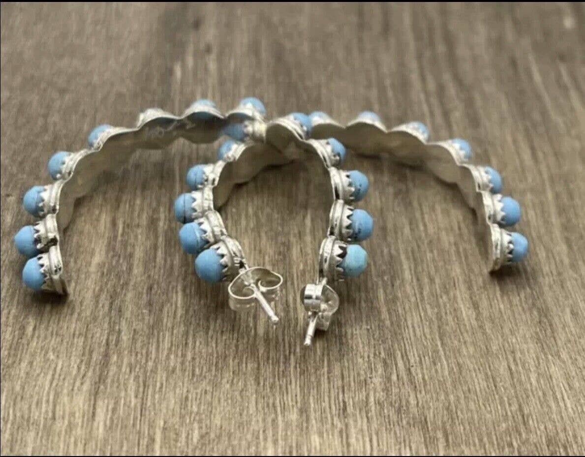 Authentic Native American Zuni Handmade Sterling Silver Turquoise Post Large Hoop Earrings