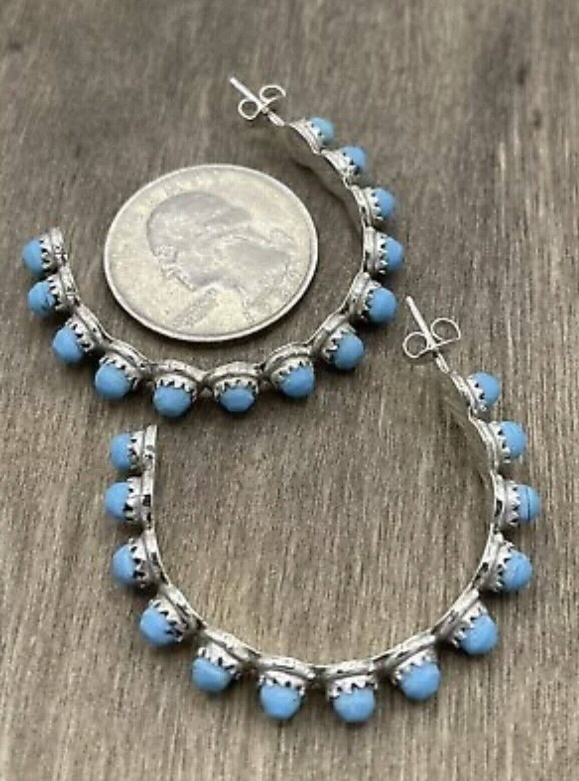 Authentic Native American Zuni Handmade Sterling Silver Turquoise Post Large Hoop Earrings