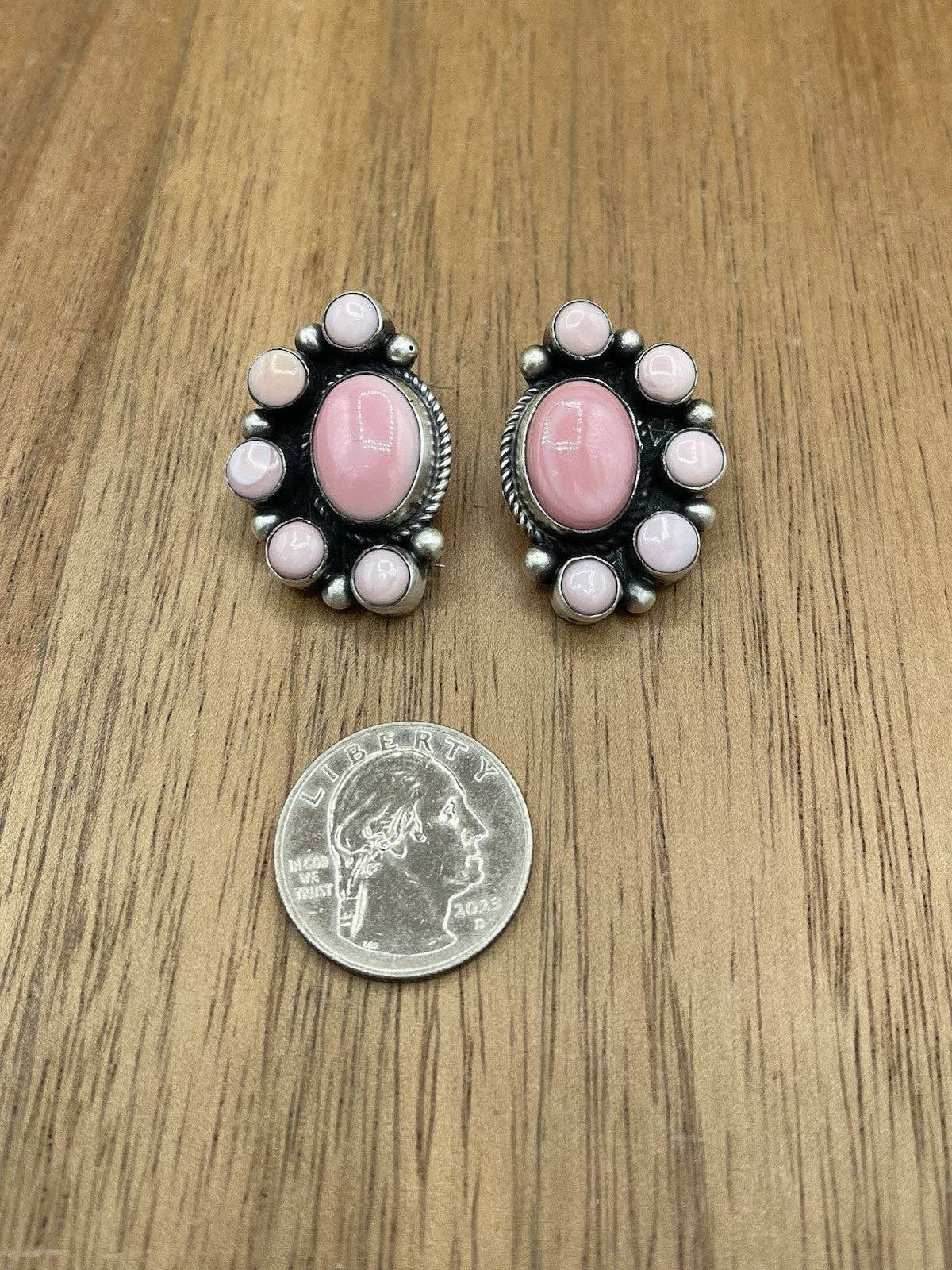 Authentic Navajo Handmade Sterling Silver Pink Conch Half Cluster Earrings By Tricia Smith