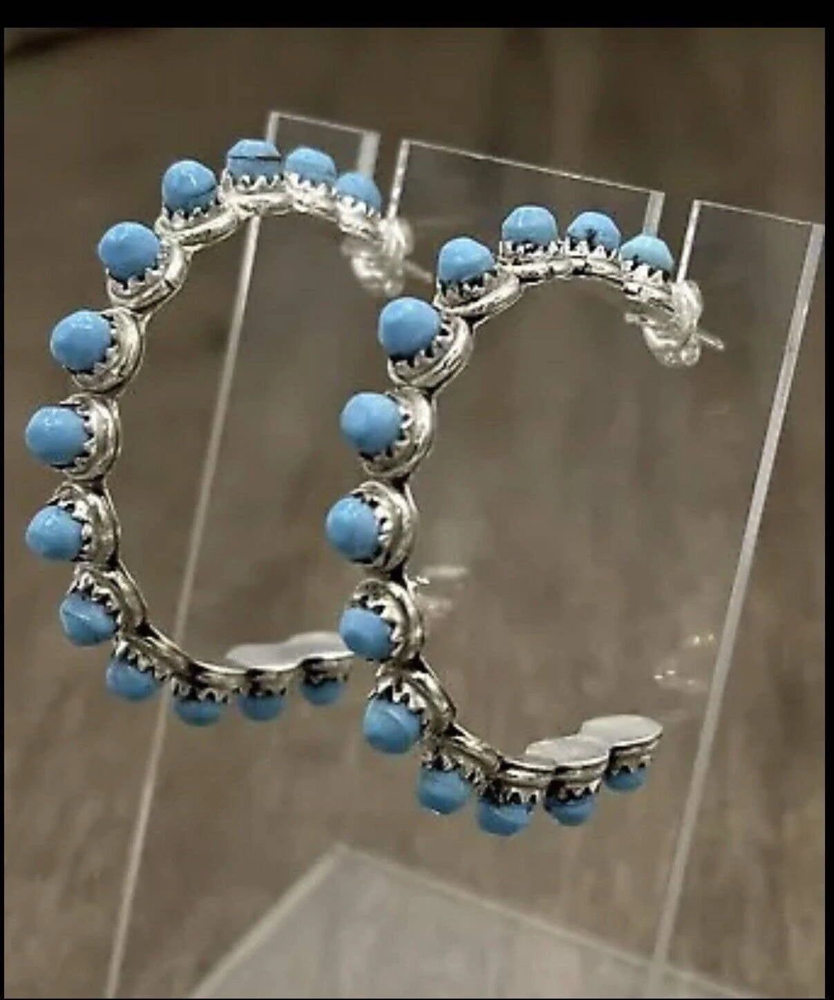 Authentic Native American Zuni Handmade Sterling Silver Turquoise Post Large Hoop Earrings