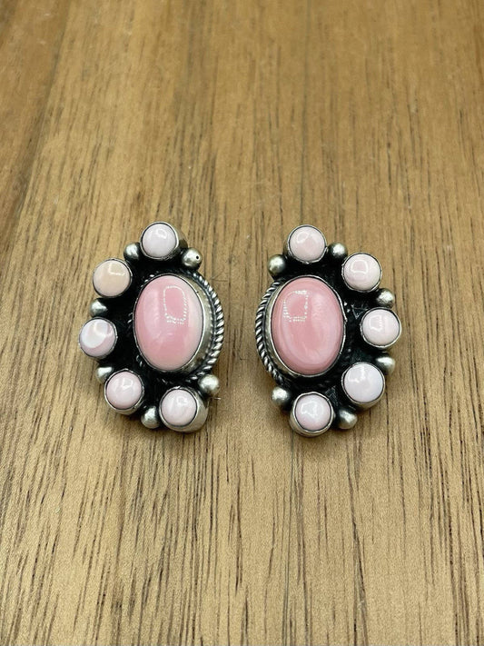 Authentic Navajo Handmade Sterling Silver Pink Conch Half Cluster Earrings By Tricia Smith