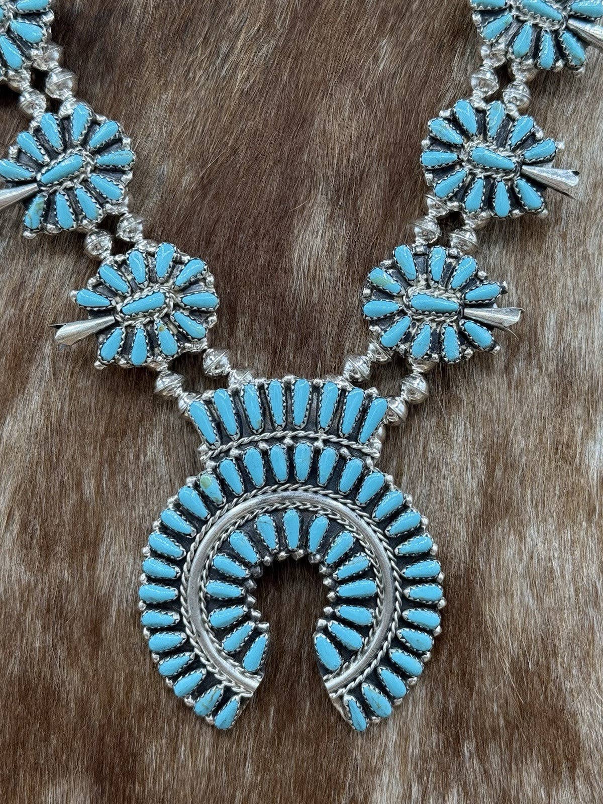 Authentic Native American Navajo Handmade Sterling Silver Turquoise Squash Blossom Necklace 22” Mathilda B