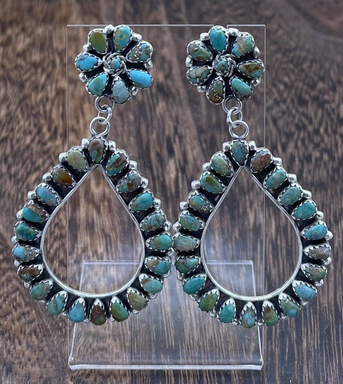 Authentic Navajo Handmade Sterling Silver Turquoise Cluster Post earrings Mathilda Benally