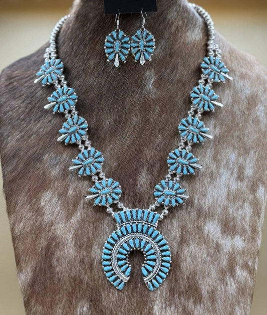 Authentic Native American Navajo Handmade Sterling Silver Turquoise Squash Blossom Necklace 22” Mathilda B
