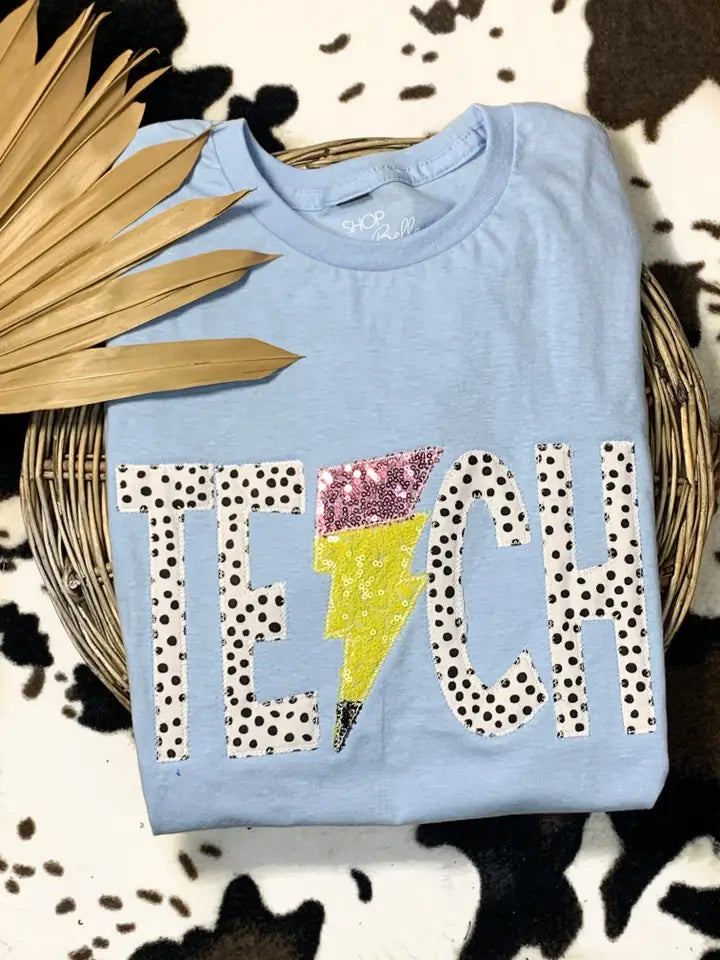 TEACH BLUE APPLIQUE AND SEQUINS PENCIL TEE