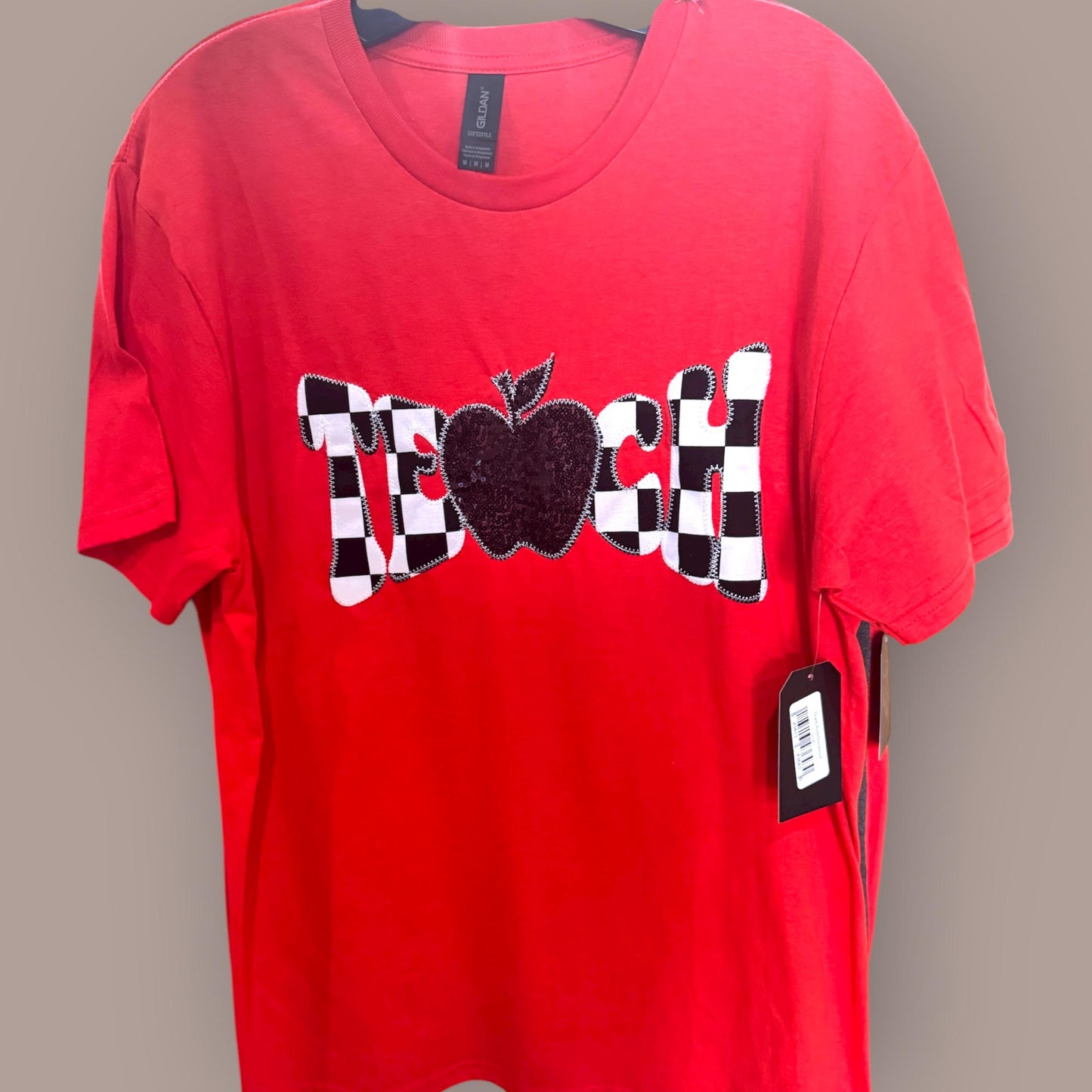TEACH RED APPLIQUE AND SEQUIN TEE
