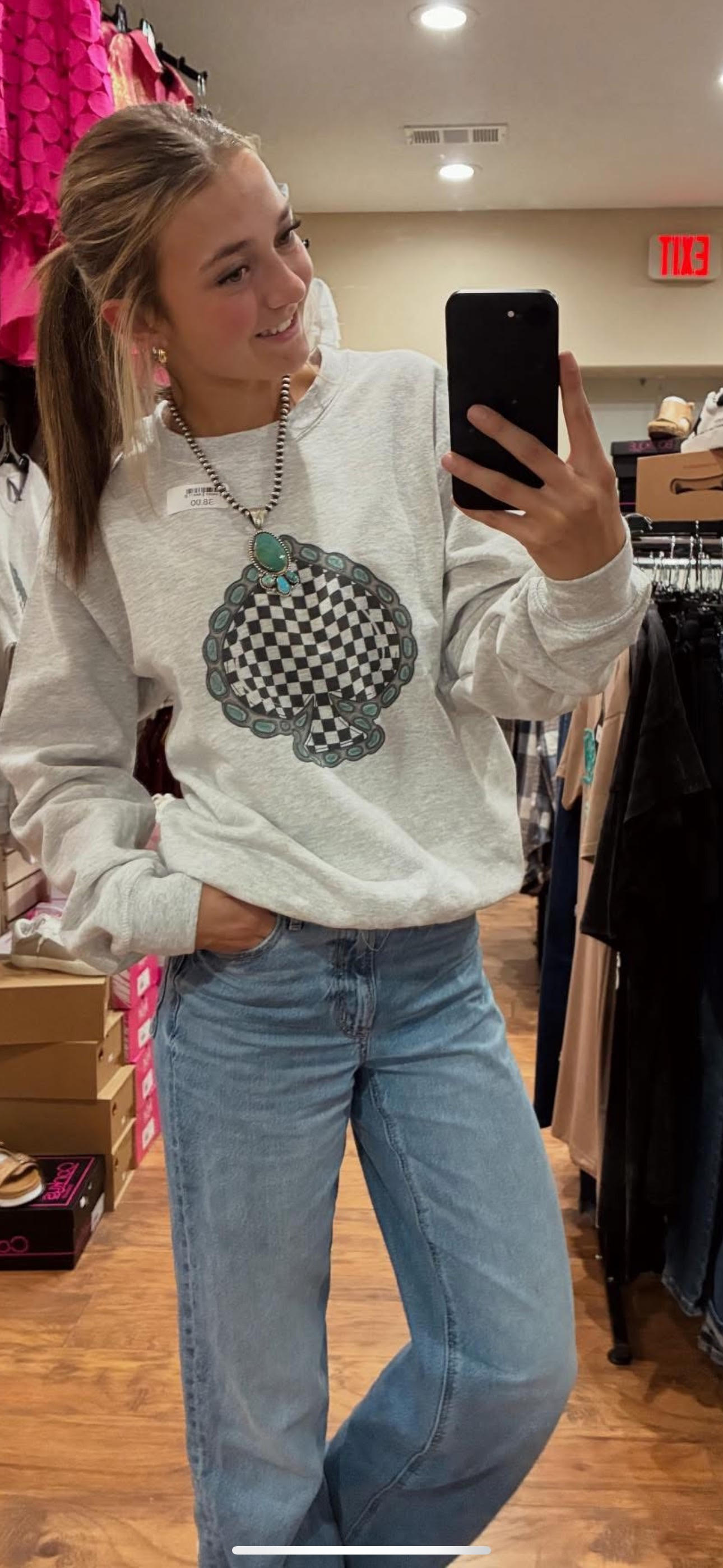 Ash Grey Checkered Spade Crew Sweatshirt